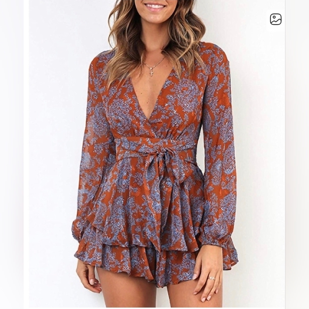 Orange V-neck Jumpsuit with Bishop Sleeves
